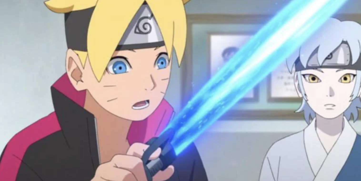 This image features characters from the anime series Boruto Naruto Next Generations where Boruto is shown in the foreground holding a glowing blue blade known as a Scientific Ninja Tool while the character in the background with light-colored hair and yellow eyes is Mitsuki