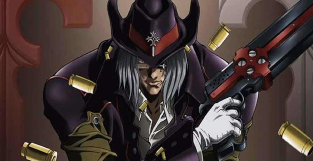 This image features the character Brandon Heat, also known as Beyond the Grave, from the anime and video game series Gungrave