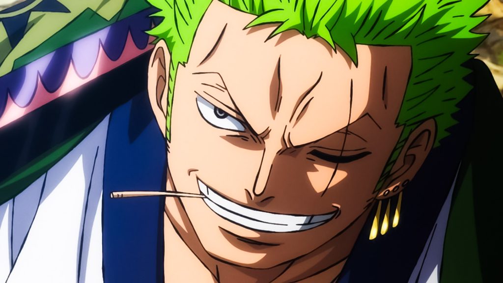 a close of image of roronoa zoro smiling with a toothpick in his mouth from one piece series