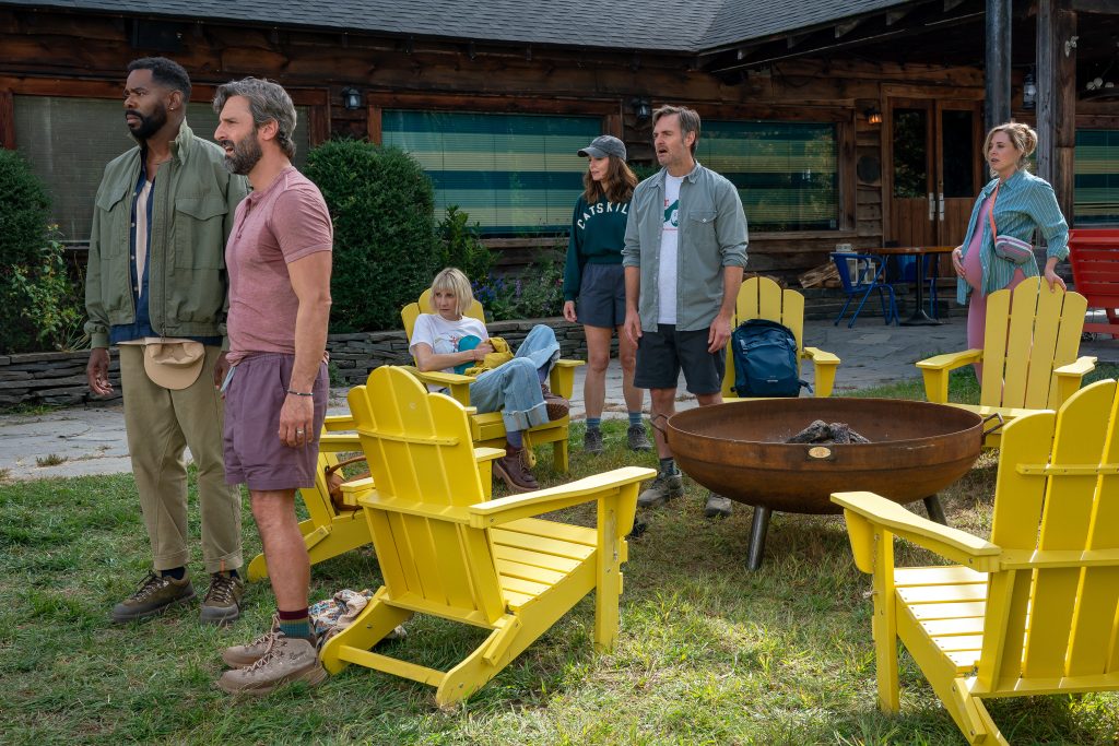 THE FOUR SEASONS, SEASON 2. (L to R) Colman Domingo as Danny, Marco Calvani as Claude, Kerri Kenney-Silver as Anne, Tina Fey as Kate, Will Forte as Jack, and Erika Henningsen as Ginny in Episode 201 of The Four Seasons, Season 2. Cr. Emily V. Aragones/Netflix © 2025