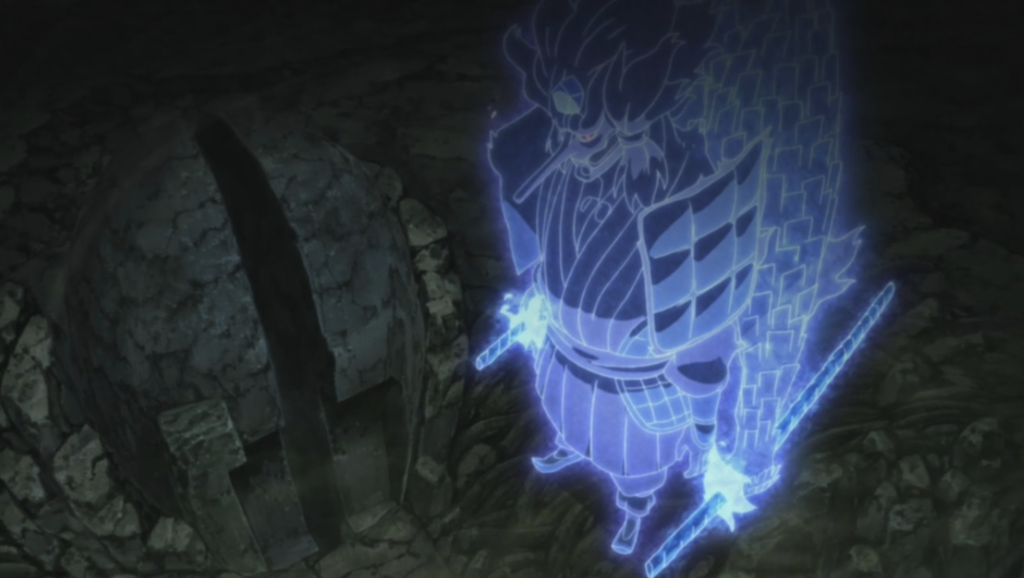 the image features madara in his god-like scale using the perfect susanoo slash