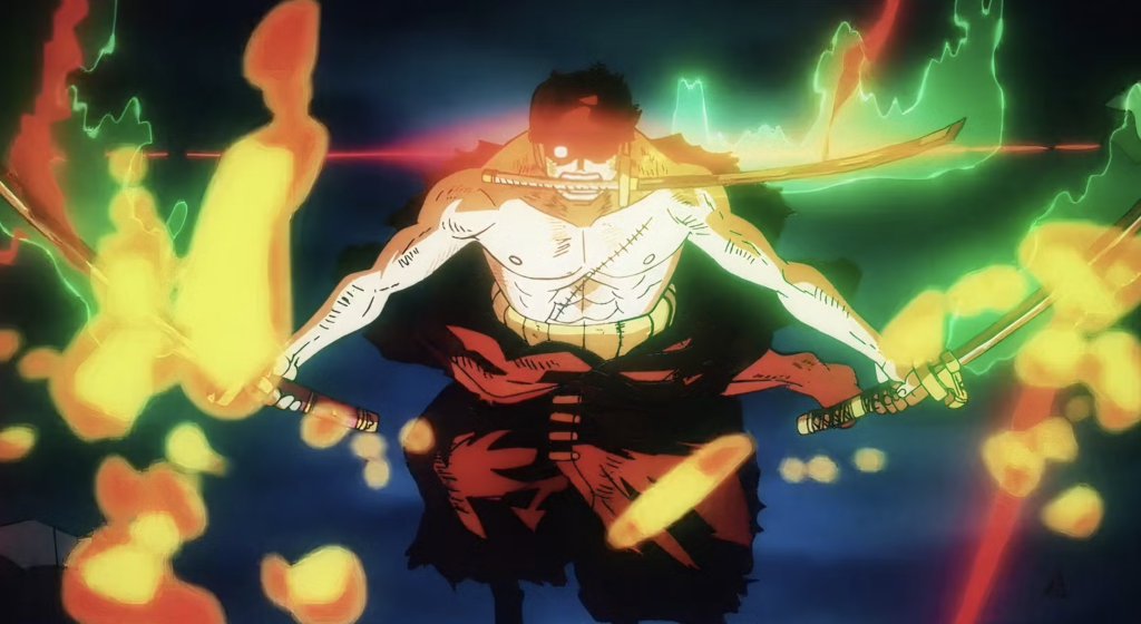 Zoro uses his Three-Sword Style, supercharging all three blades (Wado Ichimonji, Sandai Kitetsu, and Enma) with both Armament and Conqueror's Haki in one piece