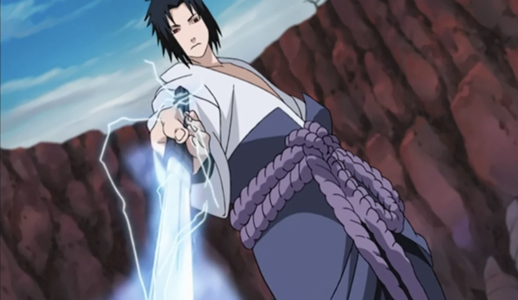 the image is from naruto that shows Sasuke Uchiha holding his Chidori Katana or Sword of Kusanagi Chidori Katana which is an offensive technique where Sasuke channels his lightning-natured chakra through his sword