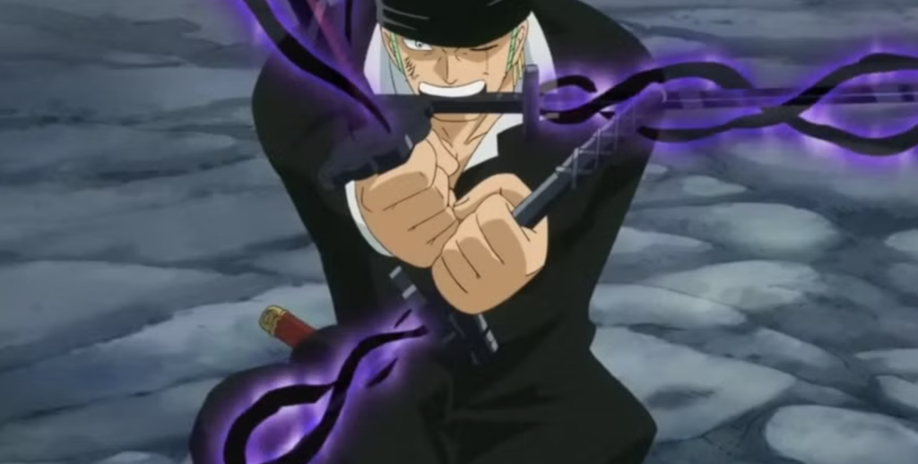 this image from one piece shows Zoro spinning his swords at terrifying speeds to create immense centrifugal force and pressure, coating his blades in his strongest Armament Haki to deliver a devastating, localized slash that can obliterate massive mountains