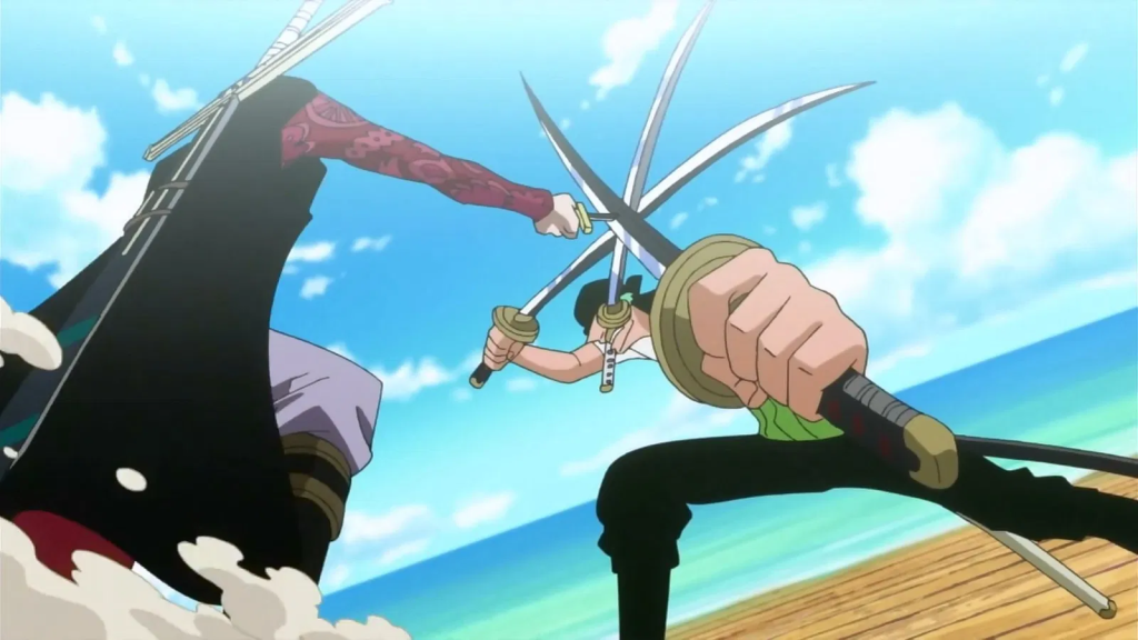 Zoro challenges Mihawk to achieve his dream of becoming the world's greatest swordsman.