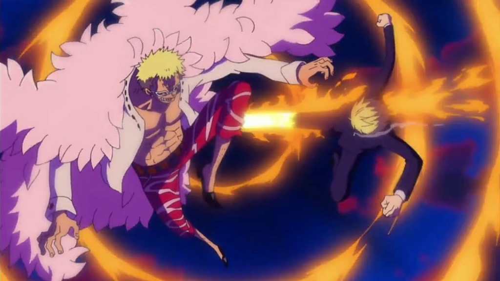 A still showing a fight between Donquixote Doflamingo and Sanji from One Piece. 