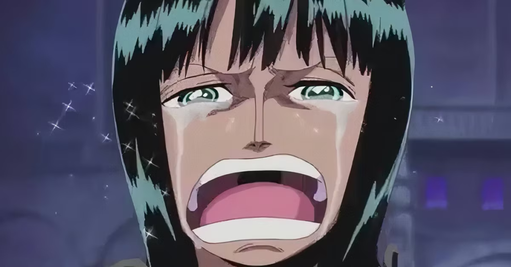 Robin is crying out her iconic line, "I want to live!" in One Piece. 