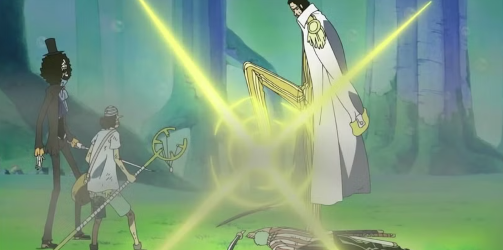 Kizaru confronted the crew on the Sabaody Archipelago after Luffy punched a Celestial Dragon, nearly killing Zoro before being stopped by Silvers Rayleigh.