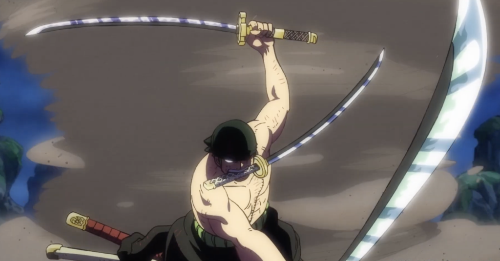 the image shows zoro using his devastating Three-Sword Style technique in One Piece