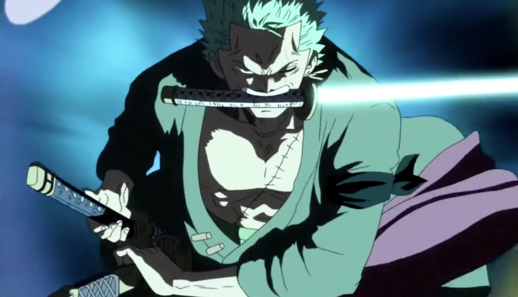 the image features Zoro using his Crossing the Six Paths in one piece
