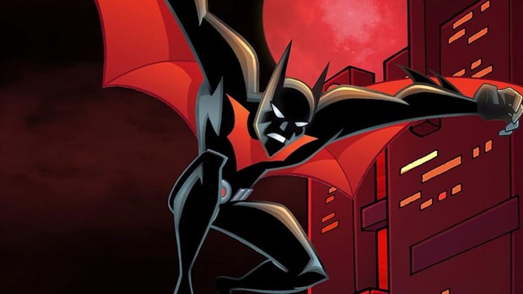 Terry McGinnis as Batman soars over the crimson-lit towers of Neo-Gotham in the animated series Batman Beyond, his sleek black and red suit wings spread wide against a blood-red sky