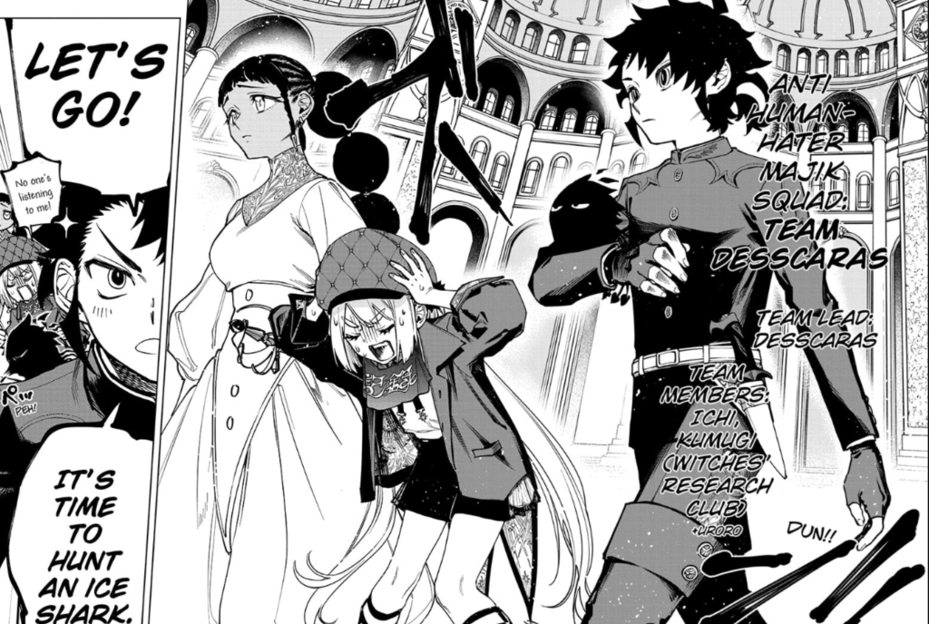 This panel is from chapter 6 of the manga Ichi the Witch and features the newly formed Team Desscaras also known as the Anti-Human Hater Majik Squad
