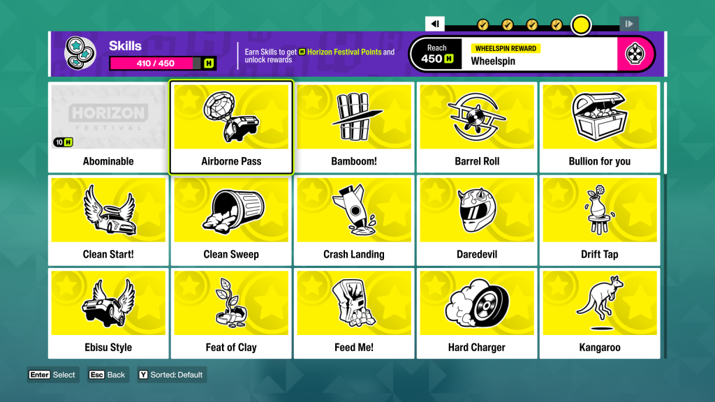Forza Horizon 6 Collection Journal screenshot showing a list of all the Skills and rewards tied to performing them for the first time.