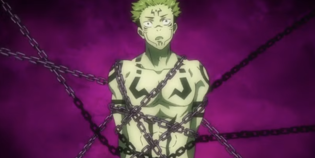Sukuna is shown restrained by chains representing a binding vow, which is a contract created using cursed energy in jujutsu kaisen