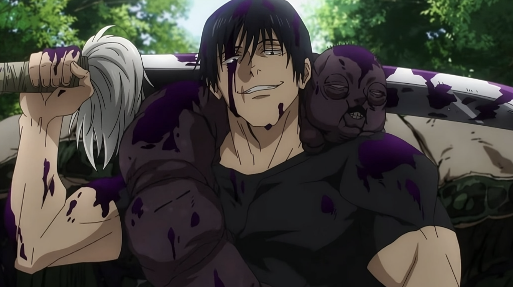 This image features Toji Fushiguro from the anime series Jujutsu Kaisen and Toji possesses a Heavenly Restriction which grants him immense physical strength and speed in exchange for having no cursed energy.