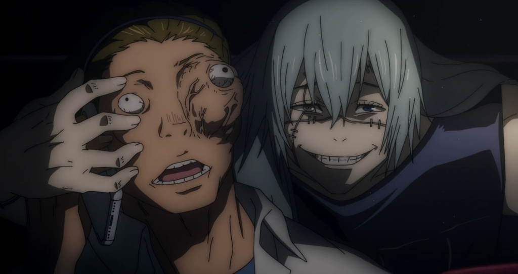 The character with the stitched face is Mahito, a special grade cursed spirit born from human hatred and Mahito is shown using his innate technique, Idle Transfiguration