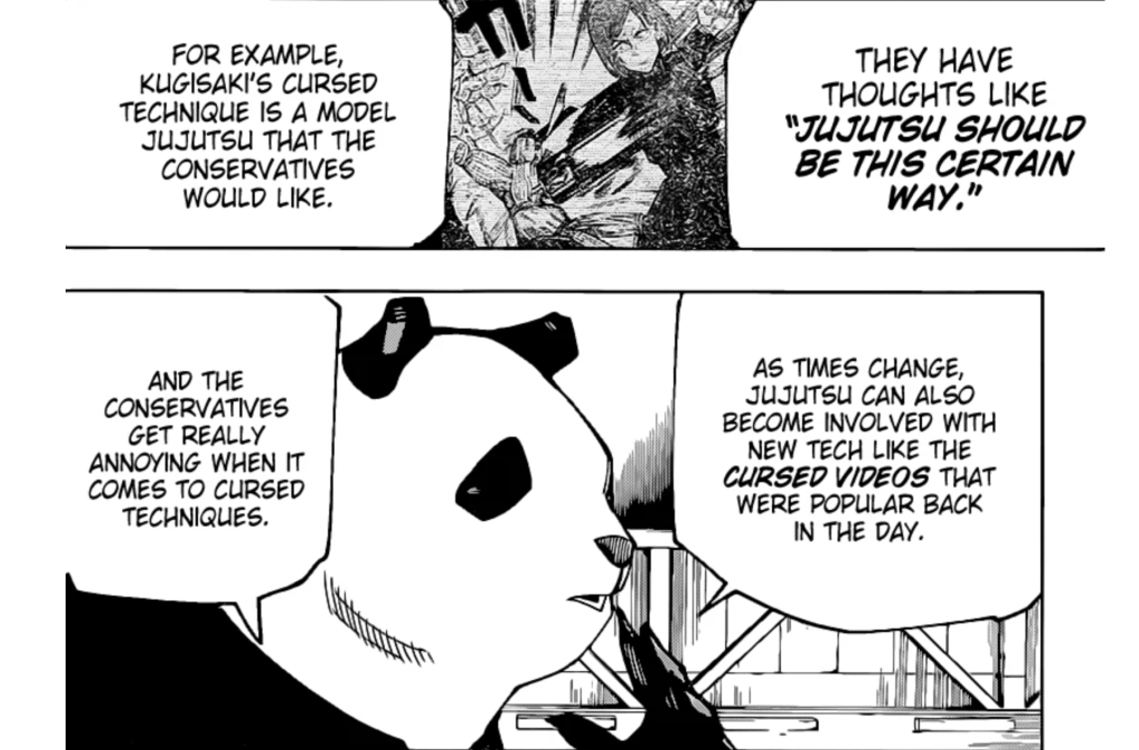 This image is from Chapter 155 of the Jujutsu Kaisen manga, titled Tokyo No. 2 Culling Game, Part 1 where Panda is explaining to Kinji Hakari how cursed techniques have modernized over time, challenging traditional views