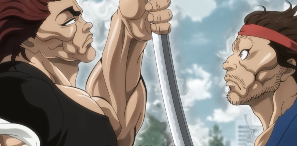 the depicts the martial artist Yujiro Hanma confronting the legendary samurai Musashi Miyamoto in baki-dou the invincible samurai part 2