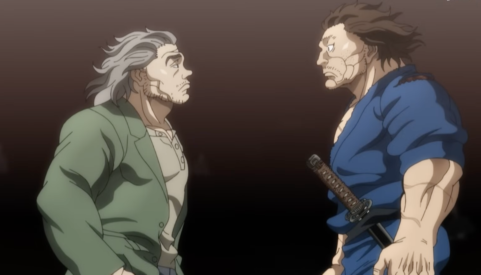 Hình ảnh mô tả Musashi Miyamoto và Motobe Izou đứng đối mặt trong trailer chính thức của Baki-Dou: Samurai Bất Khả Chiến Bại Phần 2.