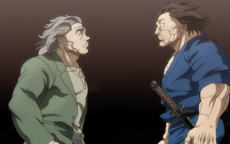 Hình ảnh mô tả Musashi Miyamoto và Motobe Izou đứng đối mặt trong trailer chính thức của Baki-Dou: Samurai Bất Khả Chiến Bại Phần 2.
