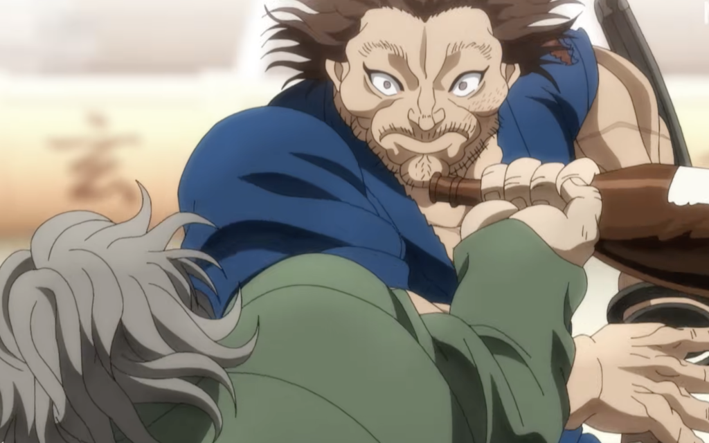 It depicts Izou Motobe confronting the resurrected swordsman Musashi Miyamoto
