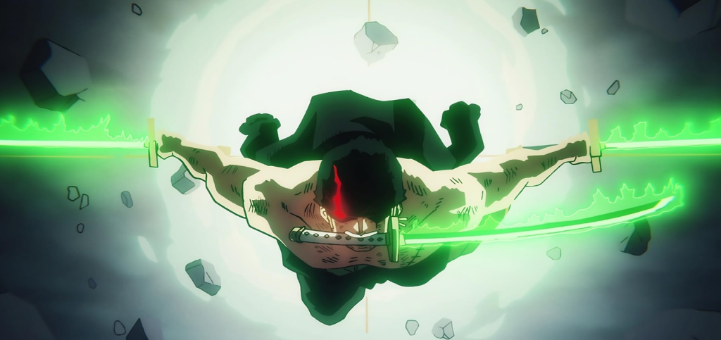 Zoro is shown using his "King of Hell" style, using advanced Conqueror's Haki. 