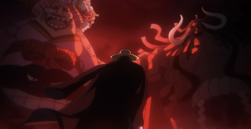 Monkey D. Luffy walking between two Yonko, Kaido and Big Mom. 