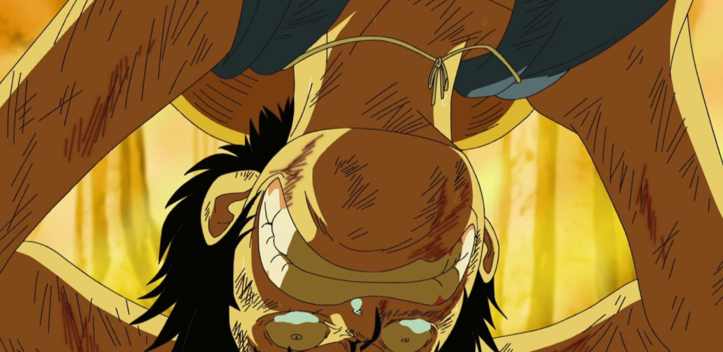Luffy is witnessing his crewmates being teleported away one by one by the character Bartholomew Kuma during the Sabaody Archipelago arc.