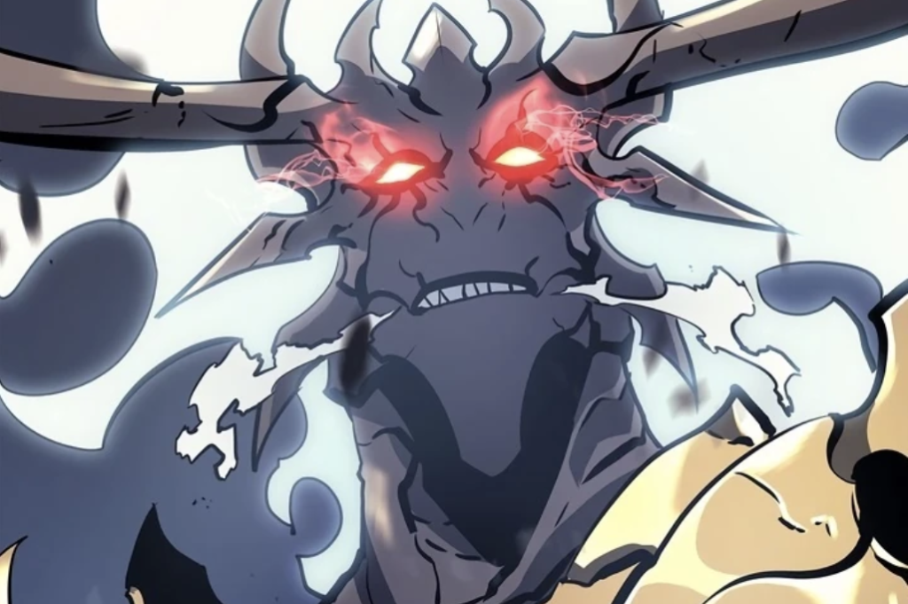 This image depicts Baran, the King of Demons and Monarch of White Flames from the Solo Leveling series
