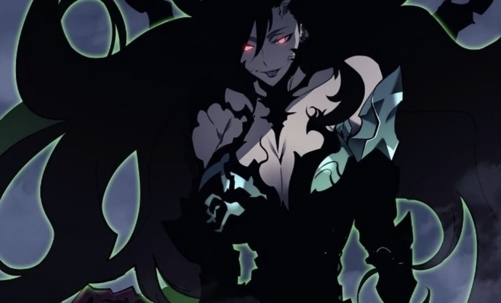 This image features Querehsha, the Queen of Insects and the Monarch of Plagues from the Solo Leveling manhwa and she is shown in her humanoid form with long, dark hair and glowing red eyes, typical of her depiction in the series
