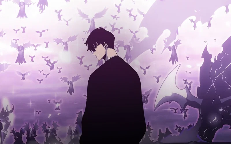 Hình ảnh này khắc họa nhân vật Sung Jin-Woo từ bộ truyện tranh nổi tiếng Solo Leveling, và mô tả anh ta được bao quanh bởi Đội quân Bóng tối của mình, bao gồm những binh lính có cánh và một sinh vật rồng khổng lồ.