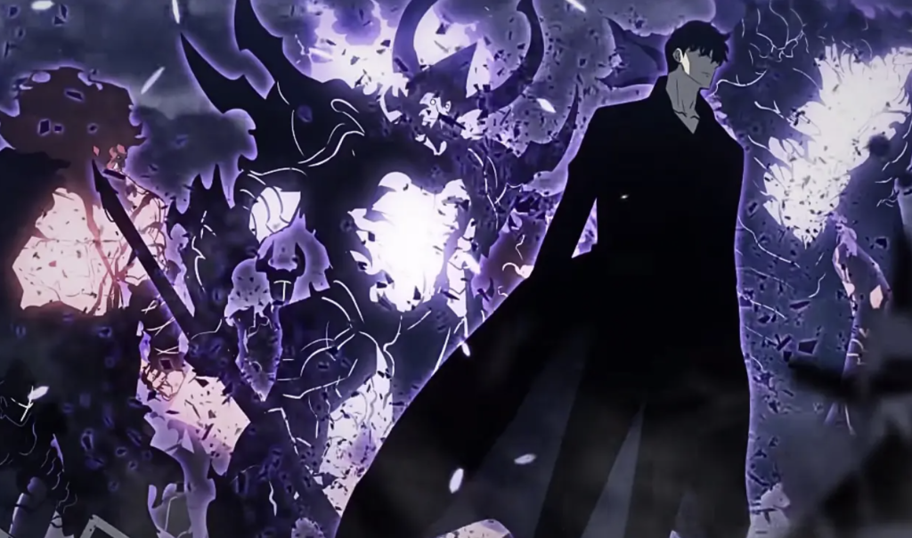 This image features Sung Jin-woo, the main character of the series Solo Leveling, where he is depicted here as the Shadow Monarch and the scene highlights his unique ability to summon an army of shadows from defeated enemies to fight alongside him