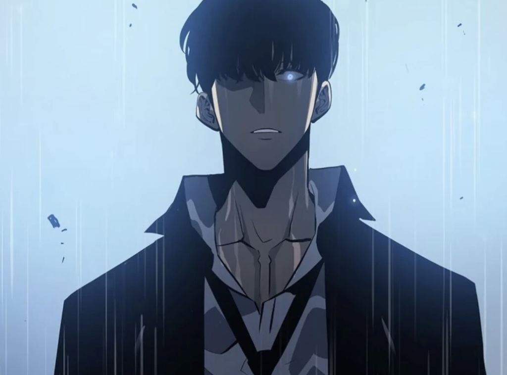 This image features Sung Jin-woo, the main protagonist of the Solo Leveling manhwa and anime series and the image depicts a dramatic scene from the series, likely emphasizing his high-rank status or abilities