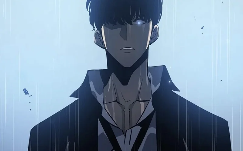 This image features Sung Jin-woo, the main protagonist of the Solo Leveling manhwa and anime series and the image depicts a dramatic scene from the series, likely emphasizing his high-rank status or abilities
