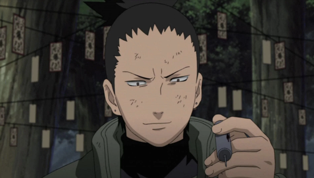 Shikamaru Nara is depicted holding a specialized lighter while planning his revenge for the death of his mentor, Asuma Sarutobi in naruto