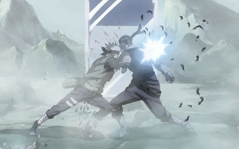 Cảnh này mô tả cuộc đối đầu giữa Kakashi Hatake và Zabuza Momochi, cụ thể là trong tập phim Naruto: Shippuden có tựa đề "Đối thủ đầu tiên và cuối cùng - Tập 266" và trận chiến diễn ra trong arc Đại chiến Shinobi lần thứ tư.