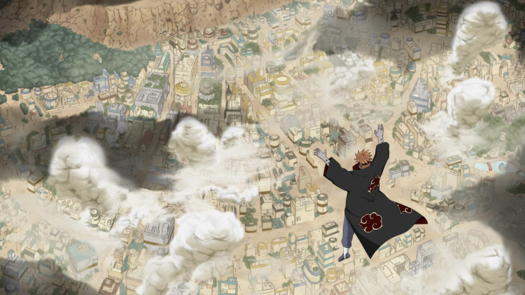  Shippuden using the "Almighty Push" (Shinra Tensei) technique to destroy the Hidden Leaf Village