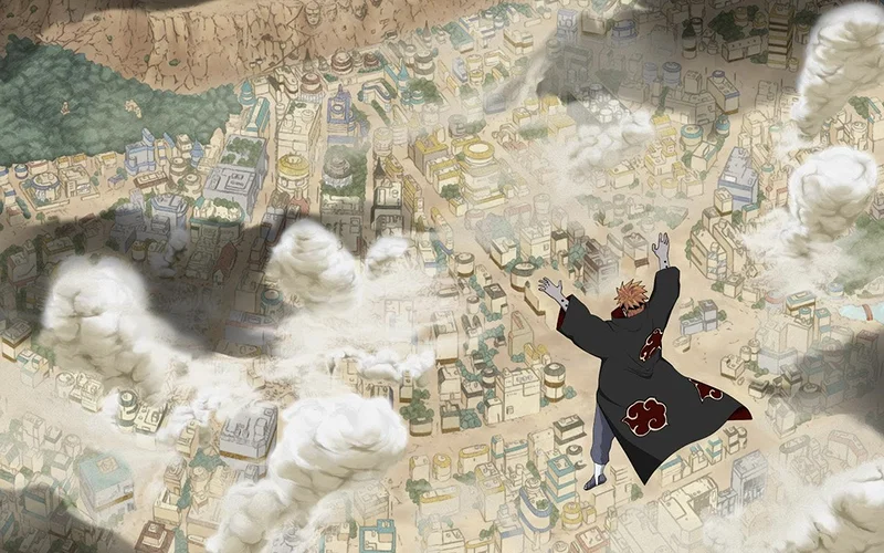 This scene depicts the character Pain from Naruto: Shippuden using the "Almighty Push" (Shinra Tensei) technique to destroy the Hidden Leaf Village