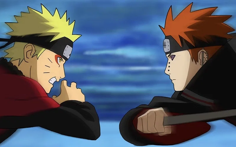 This image depicts a pivotal confrontation between Naruto Uzumaki and the Akatsuki leader Pain during the Naruto: Shippuden series