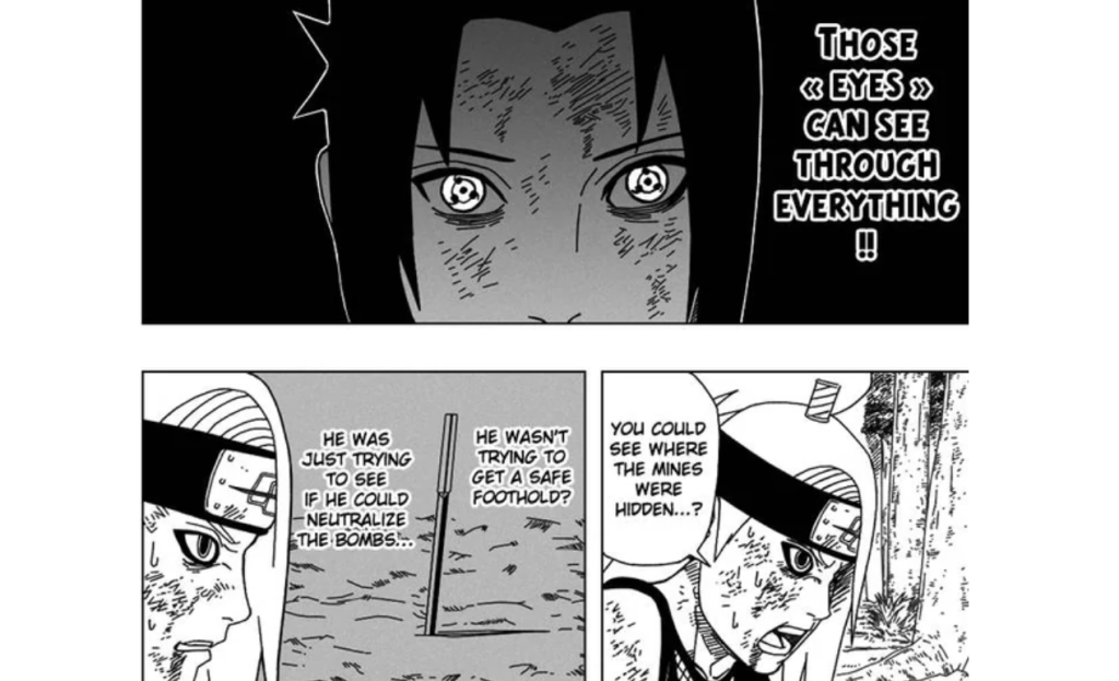 This image is from Chapter 362 of the Naruto manga and it depicts a scene where Deidara is fighting Sasuke Uchiha, specifically referencing the power of Sasuke's Sharingan 