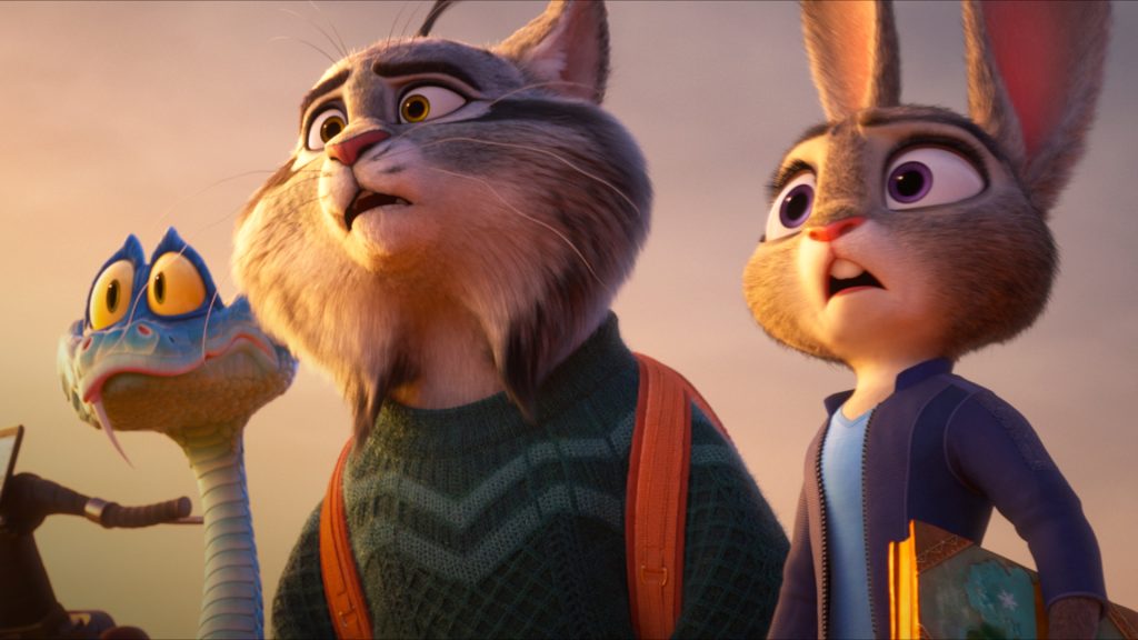 Judy Hopps the rabbit and a large lynx character look up in alarm, while Gary De'Snake peers in from the left in Zootopia 2