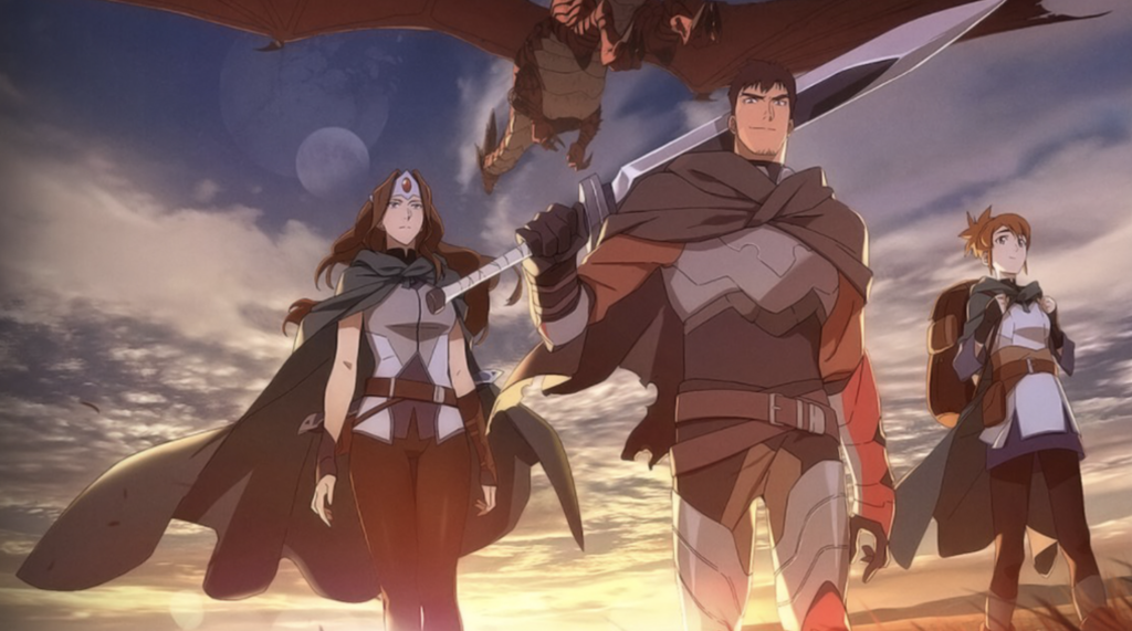  Dragon's Blood, which is based on the Dota 2 video game and it features the main character Davion the Dragon Knight wielding a large sword, accompanied by Princess Mirana 