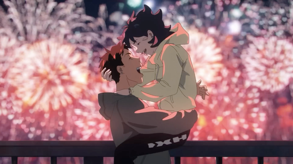 This scene is from the 2025 Korean animated film Lost in Starlight where jay picks up nan-young as the sky is lit up with fireworks
