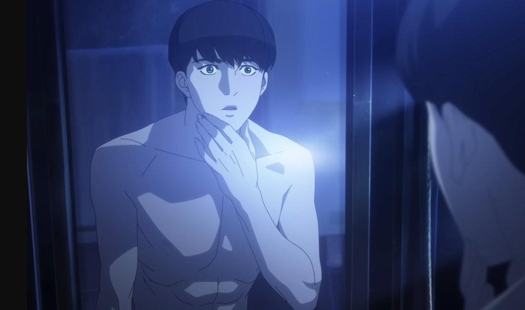 This image is from the Lookism anime series, which is based on a popular Korean webtoon and the scene depicts the protagonist, Park Hyeong-seok discovering his new, handsome body for the first time
