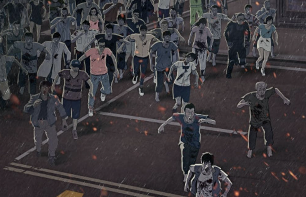 This is the poster for the 2016 South Korean animated zombie horror film Seoul Station where we can see a group of zombies chasing a man