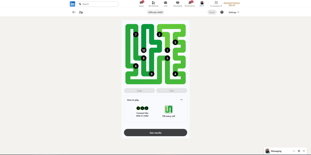A screenshot of the daily LinkedIn Games puzzle.