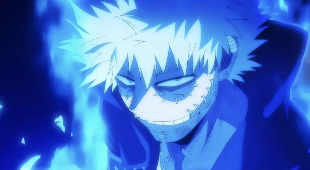 This image features Dabi, also known as Toya Todoroki, from the anime series My Hero Academia and he is shown utilizing his signature Blueflame Quirk, which he inherited from his father, Endeavor
