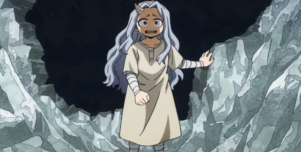 This image features the character Eri from the anime series My Hero Academia and eri is shown wearing a simple white tunic with bandages wrapped around her arms and legs. She is depicted in a distressed state while escaping her confinement in the Shie Hassaikai hideout