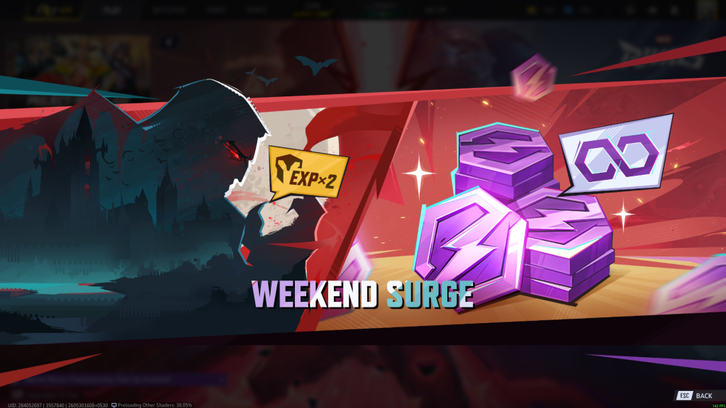Marvel Rivals in-game screenshot showcasing the "Weekend Surge" Chrono-Rush event banner.