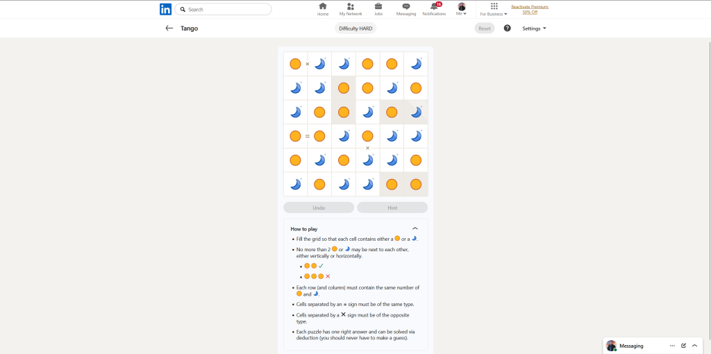A screenshot of the daily LinkedIn Games puzzle.